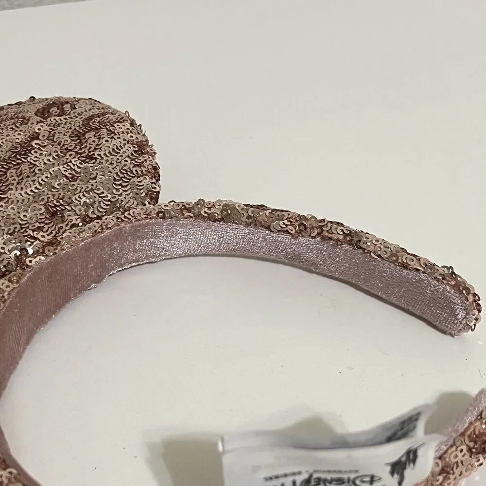 Disney Parks Minnie Mouse Ears Rose Gold Champagne Bow Sequin Headband